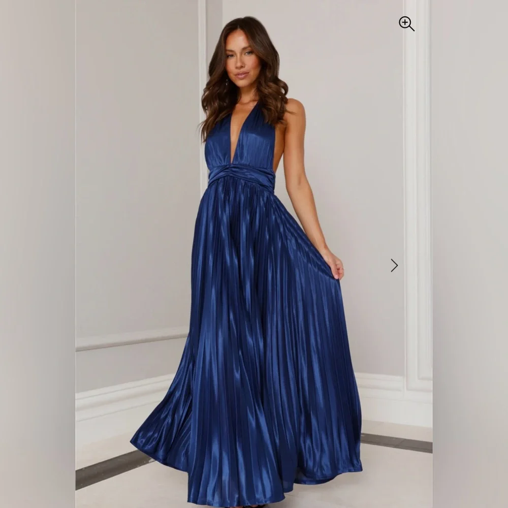 SHIMMERING SEA PLEATED HALTER MAXI DRESS NAVY - Picture 2 of 3